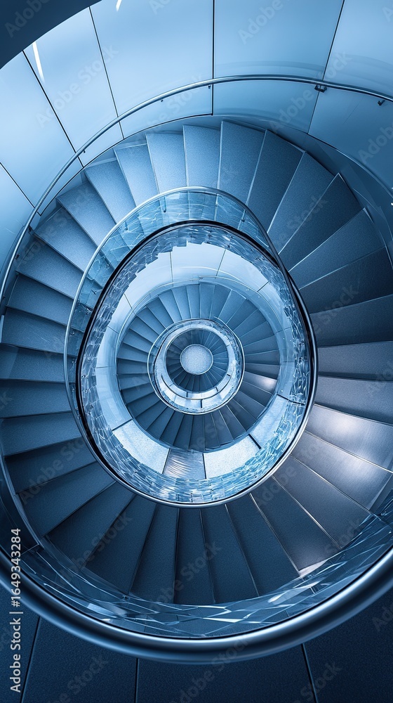 Fototapeta premium An aerial shot of a spiral staircase in a modern building, looking straight down to create a hypnotic geometric pattern.