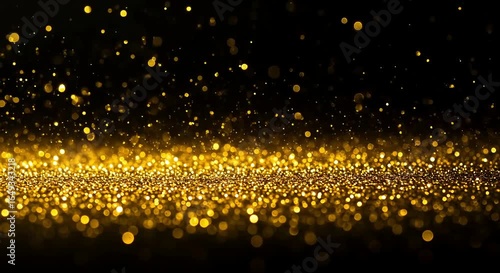 Glowing golden glitter particles with bokeh lights on black background, generative ai