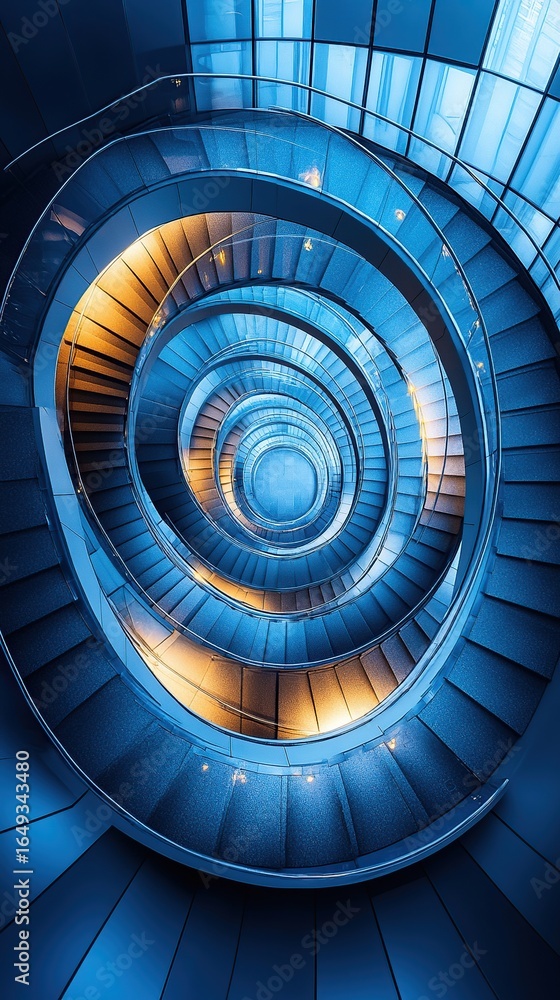 Fototapeta premium An aerial shot of a spiral staircase in a modern building, looking straight down to create a hypnotic geometric pattern.