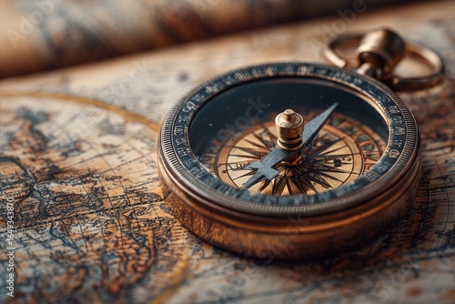 Antique compass on vintage map