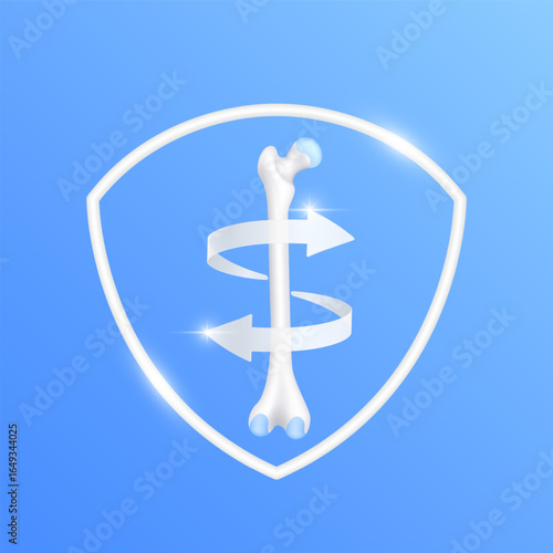Arrows revolve around femur bone cartilage joint within white shield frame modern on blue background. Human anatomy organ. Medical health care and protection concept. 3D Vector EPS10.