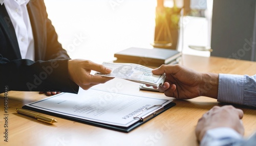Hands receiving cash over documents, symbolizing financial aid and economic support.