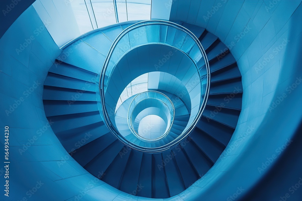 Fototapeta premium An aerial shot of a spiral staircase in a modern building, looking straight down to create a hypnotic geometric pattern.