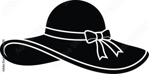 Black sun hat with ribbon on a plain background, summer fashion