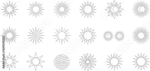 Sun Icons Collection, Celestial Symbols, Solar System Elements on White