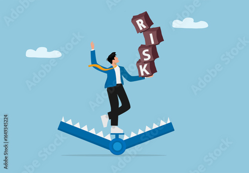 Businessman Balancing on Bear Trap While Holding Unstable Risk Blocks, Business Danger, Financial Crisis, and Risk Management Concept Illustration