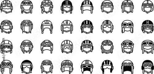 Pilot helmets collection, vintage aviation headgear on a white background
