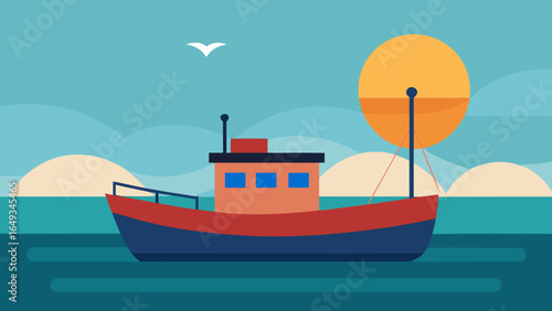 flat design fishing boat sunrise calm sea