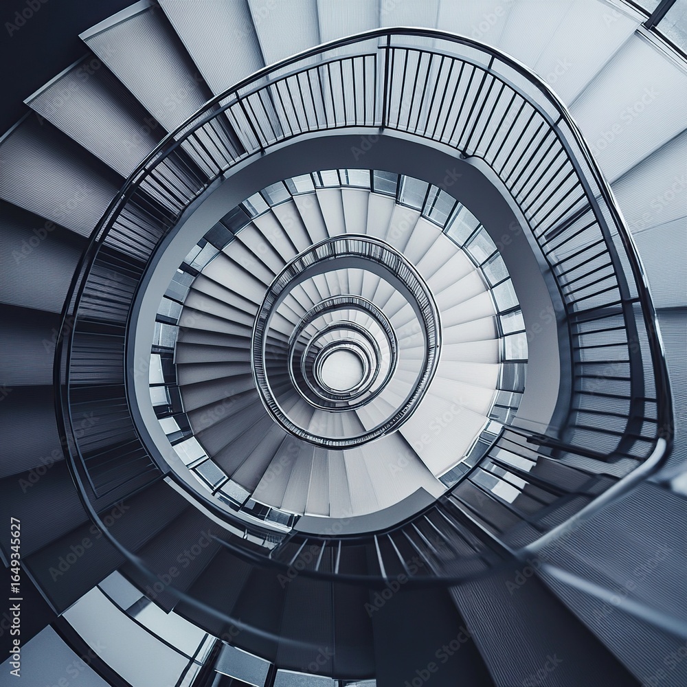 Fototapeta premium An aerial shot of a spiral staircase in a modern building, looking straight down to create a hypnotic geometric pattern.