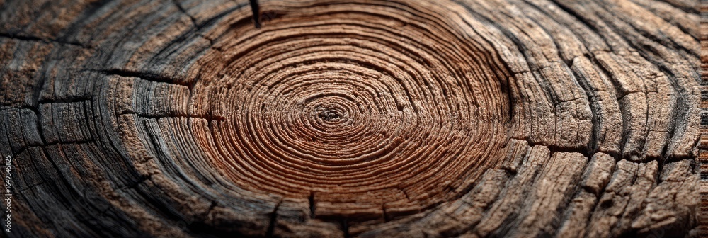 Fototapeta premium Close-up view of aged wooden tree rings highlighting natural textures and patterns in the sunlight