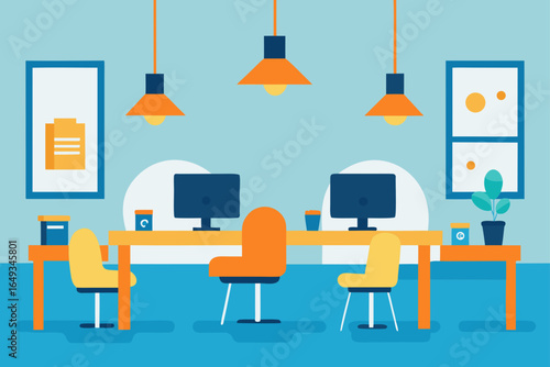 Flat Modern Coworking Office Interior Desks