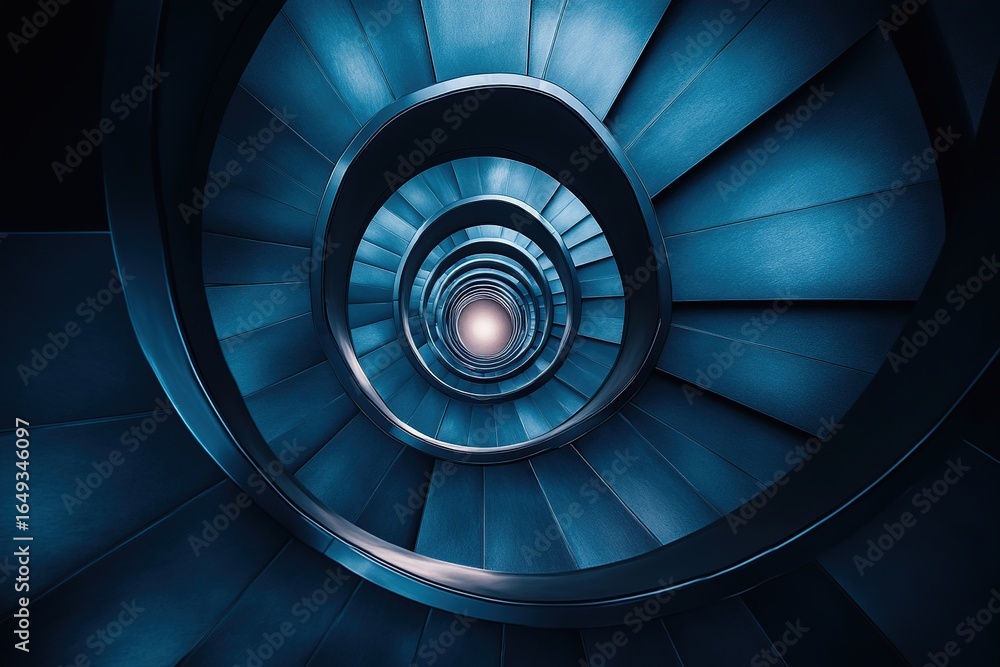 Fototapeta premium An aerial shot of a spiral staircase in a modern building, looking straight down to create a hypnotic geometric pattern.