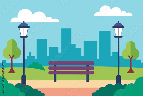 flat style city park benches walking paths