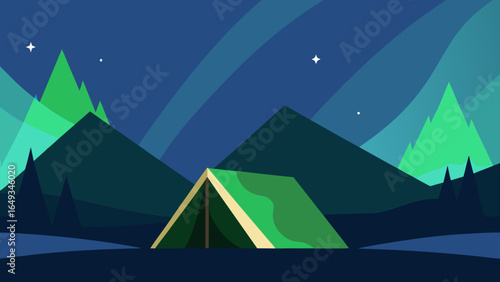 Flat style camping tent under northern lights background