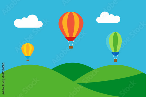 flat style hot air balloons green hills