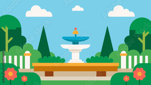 flat style garden fountain flowers benches