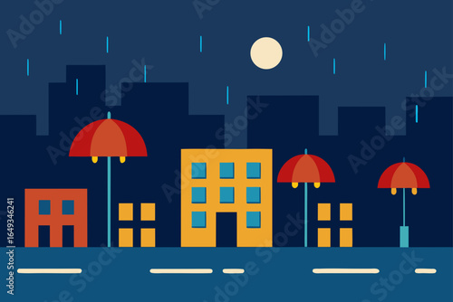 Flat style rain city street with umbrellas and reflections