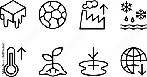 Climate Change Icon Set Melting Ice, Drought, Pollution, Rising Temperature on White