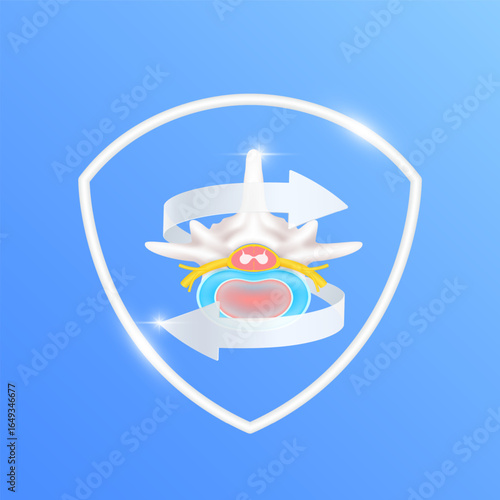 Arrows revolve around nerve and intervertebral disc bone cartilage joint within white shield frame modern on blue background. Human anatomy organ. Medical health care and protection concept. Vector.