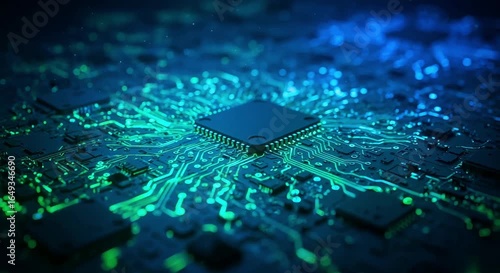 Glowing blue and green circuit board with intricate sci-fi details, generative ai