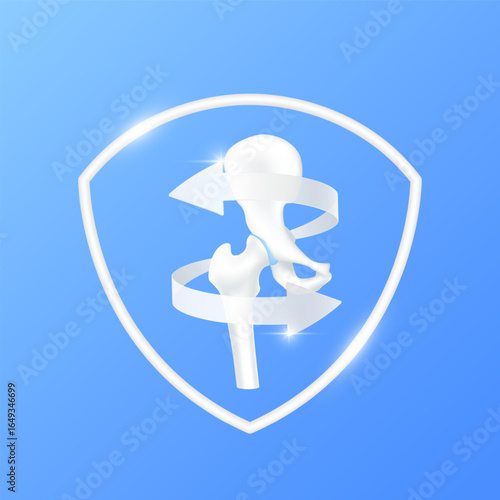 Arrows revolve around hip bone cartilage joint within white shield frame modern on blue background. Human anatomy organ. Medical health care and protection concept. 3D Vector EPS10.
