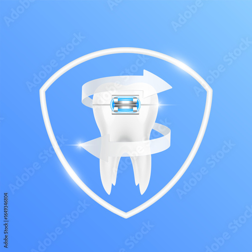 Arrows revolve around tooth braces within white shield frame modern on blue background. Human anatomy organ. Medical health care and protection concept. 3D Vector EPS10.