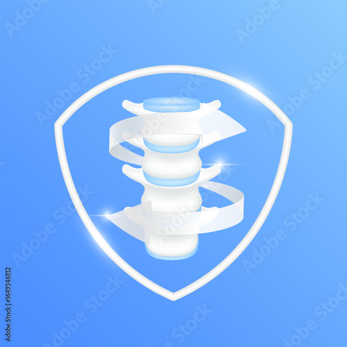 Arrows revolve around vertebra bone cartilage joint within white shield frame modern on blue background. Human anatomy organ. Medical health care and protection concept. 3D Vector EPS10.