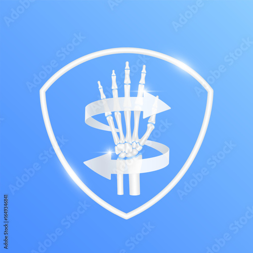 Arrows revolve around wrist finger bone cartilage within white shield frame modern on blue background. Human anatomy organ. Medical health care and protection concept. 3D Vector EPS10.