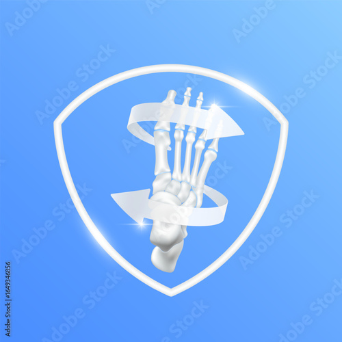 Arrows revolve around toe bone cartilage joint within white shield frame modern on blue background. Human anatomy organ. Medical health care and protection concept. 3D Vector EPS10.