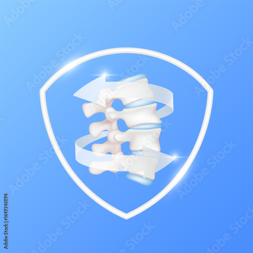 Arrows revolve around vertebra bone cartilage joint within white shield frame modern on blue background. Human anatomy organ. Medical health care and protection concept. 3D Vector EPS10.