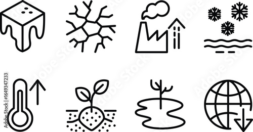 Climate Change Outline Icons Set Melting Ice, Drought, Pollution, Rising Temperatures