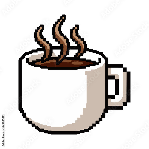 Retro 8-bit pixel art icon of a steaming coffee mug. Nostalgic video game style graphic for a hot beverage.