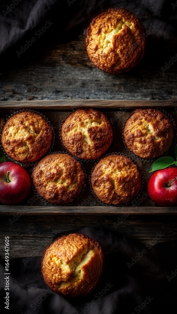 Obraz premium Homemade Apple Muffins in a Wooden Box with Fresh Apples, textured background and a dark grey cloth, giving the image a rustic, moody, and professional feel. Ideal for use in cookbooks, recipe blogs.
