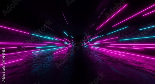 Glowing neon lines in pink, purple, and cyan with diagonal motion blur, futuristic background, generative ai
