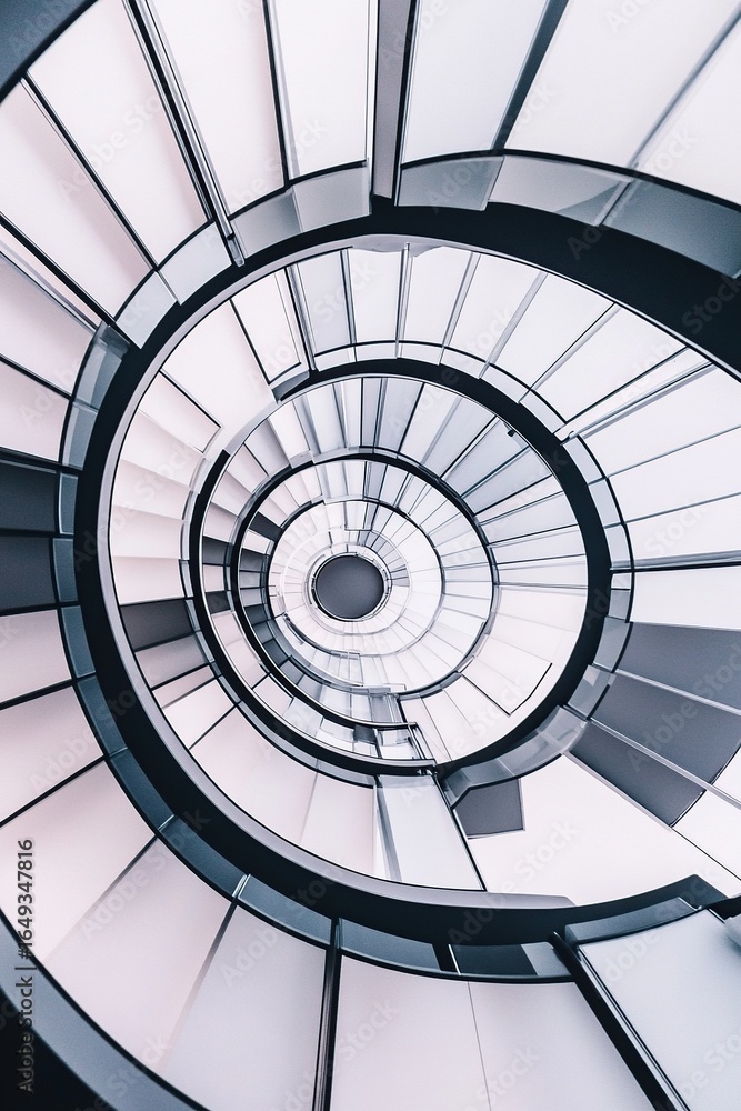 Fototapeta premium An aerial shot of a spiral staircase in a modern building, looking straight down to create a hypnotic geometric pattern.