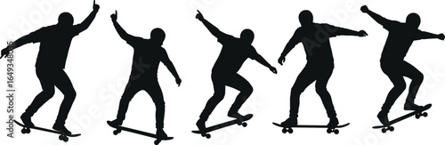 Skateboarder silhouette set, performing tricks, street skateboarding action, extreme sports vector art