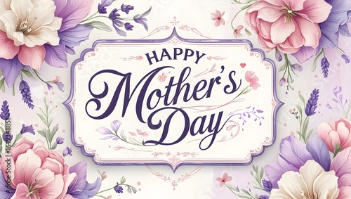 Beautiful watercolor floral illustration celebrating Mother's Day with elegant calligraphy and soft pastel colors, perfect for greeting cards and festive decorations.