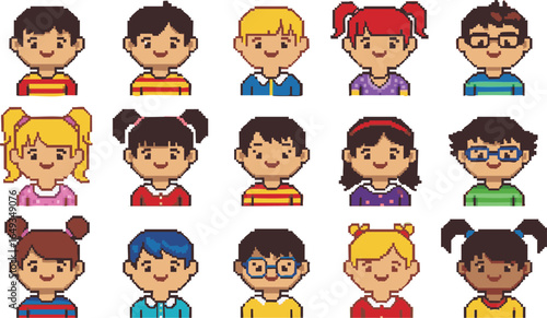 Set of pixel art style children face icons. Vector collection of cute cartoon boy and girl avatars for profile or game characters.