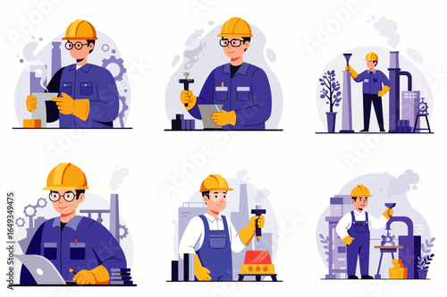 Funny cartoon builders, including men and children, working as a team in construction vector illustration