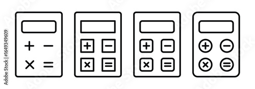 Calculator icon set. Math, Finance, and Education Symbol. Calculator line icons design with math symbols for web, app, ui, ux. Plus, minus, multiply, equal and divide sign. Line art vector illustrator