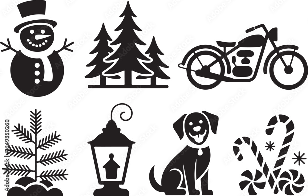 Obraz premium Winter icons festive collection dog trees motorcycle snow