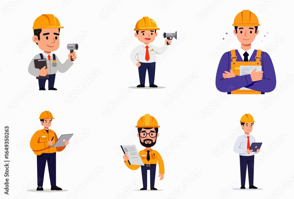 Set of cartoon construction workers in various poses, wearing hard hats, holding tools, and looking professional. Set of cartoon construction workers in various poses, wearing hard hats, holding tools, and looking professional.