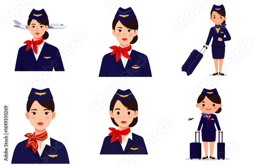 Collection of cartoon illustrations depicting a female flight attendant in uniform with different poses and expressions.