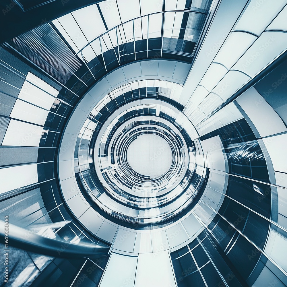 Obraz premium An aerial shot of a spiral staircase in a modern building, looking straight down to create a hypnotic geometric pattern.