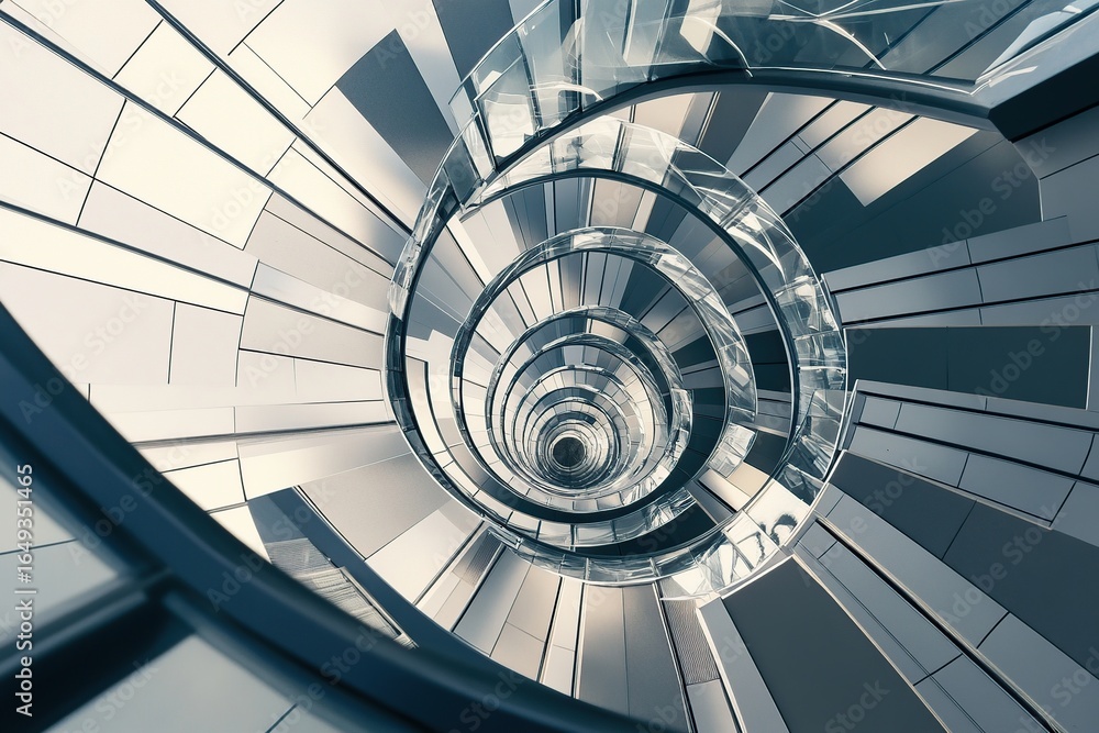Fototapeta premium An aerial shot of a spiral staircase in a modern building, looking straight down to create a hypnotic geometric pattern.