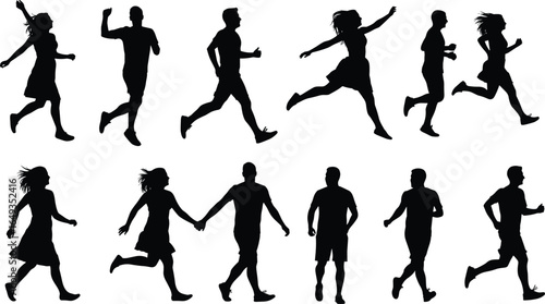 Silhouette, vector, illustration, people, running, walking, jumping, fitness, sports, activity, movement, exercise, design, 