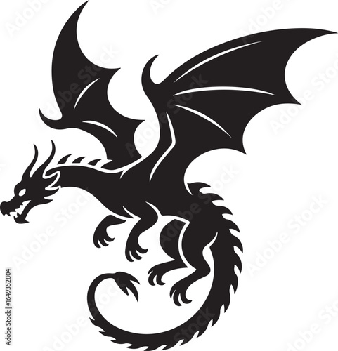 Fierce black dragon with spread wings in motion