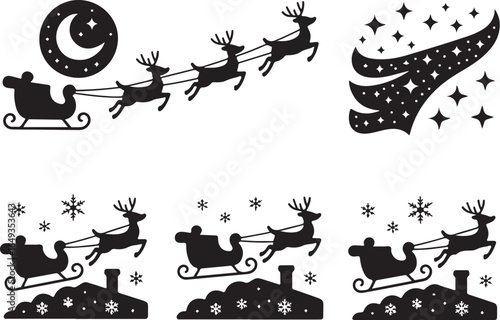 Santa's sleigh flies with reindeer under moon and stars