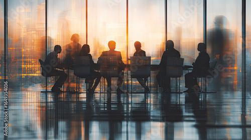 A group of business professionals gathered in a boardroom with glass walls, depicted in the style of double exposure photography against a white background