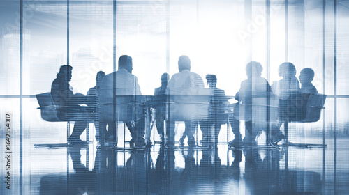 A group of business professionals gathered in a boardroom with glass walls, depicted in the style of double exposure photography against a white background
